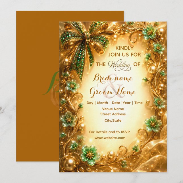 Emerald Green And Gold Luxury Wedding  Invitation (Front/Back)