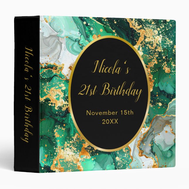 Emerald Green and Gold Marble Agate Birthday Party Binder (Front/Spine)