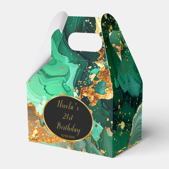 Emerald Green and Gold Marble Agate Birthday Party Favor Box (Front Side)