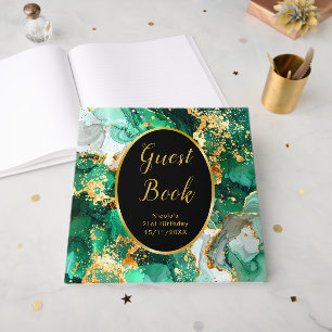 Emerald Green and Gold Marble Agate Birthday Party Guest Book