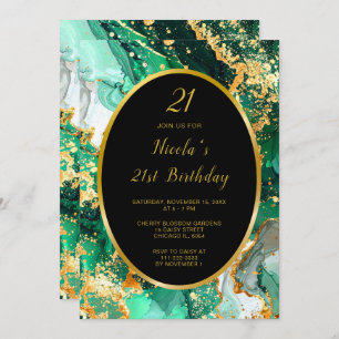 Emerald Green and Gold Marble Agate Birthday Party Invitation