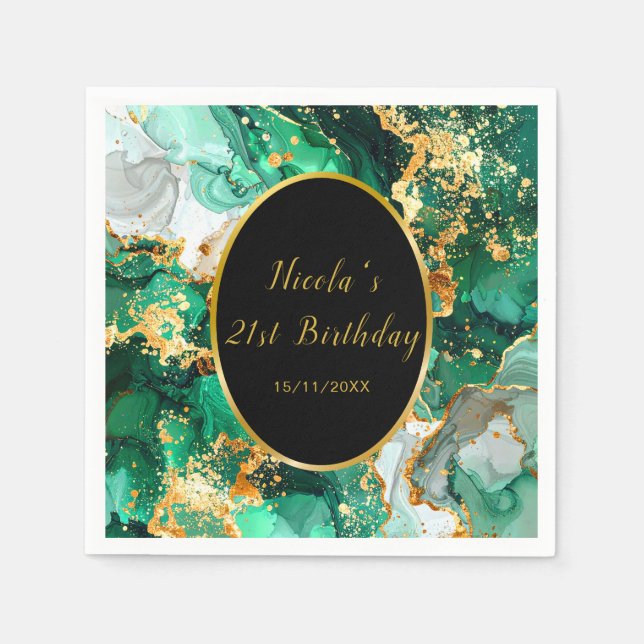 Emerald Green and Gold Marble Agate Birthday Party Napkin (Front)