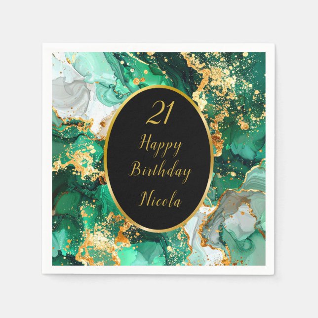Emerald Green and Gold Marble Agate Birthday Party Napkin (Front)