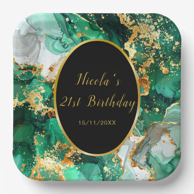 Emerald Green and Gold Marble Agate Birthday Party Paper Plate (Front)