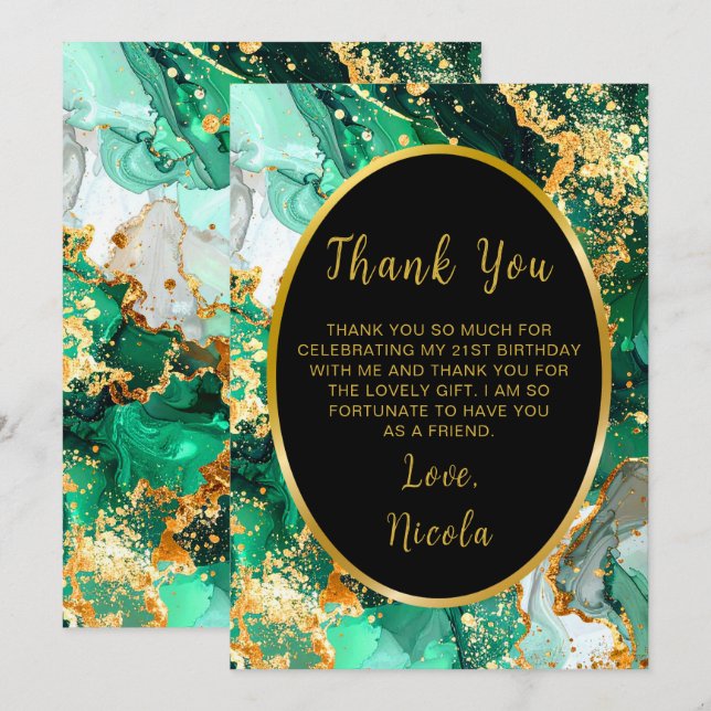 Emerald Green and Gold Marble Agate Birthday Party Thank You Card (Front/Back)