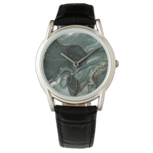Emerald Green and Gold Marble, Marble Background Watch
