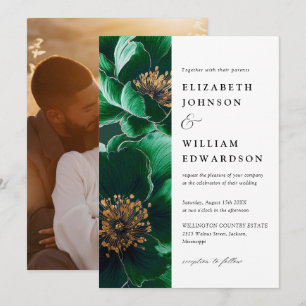 Emerald Green And Gold Modern Floral Photo Wedding Invitation