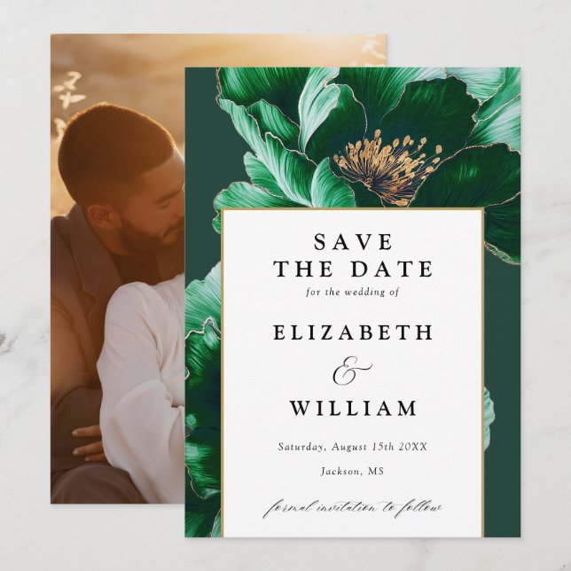 Emerald Green And Gold Modern Floral Photo Wedding Save The Date (Front/Back)