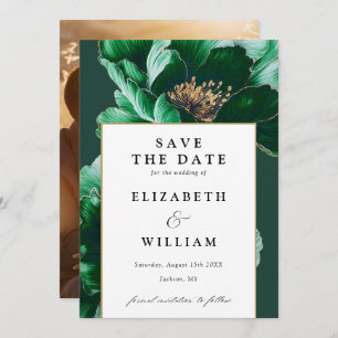 Emerald Green And Gold Modern Floral Photo Wedding Save The Date