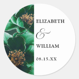 Emerald Green And Gold Modern Floral Wedding Favou Classic Round Sticker
