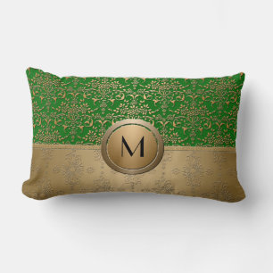 Emerald Green and Gold Monogram Damask Design Lumbar Pillow