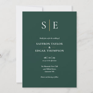 Emerald Green And Gold Monogram Wedding Invitation