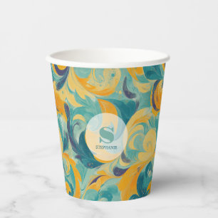 Emerald Green and Gold Paisley-Inspired Abstract Paper Cups
