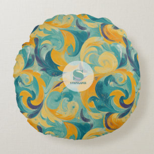 Emerald Green and Gold Paisley-Inspired Abstract Round Pillow