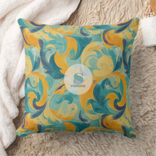 Emerald Green and Gold Paisley-Inspired Abstract Throw Pillow