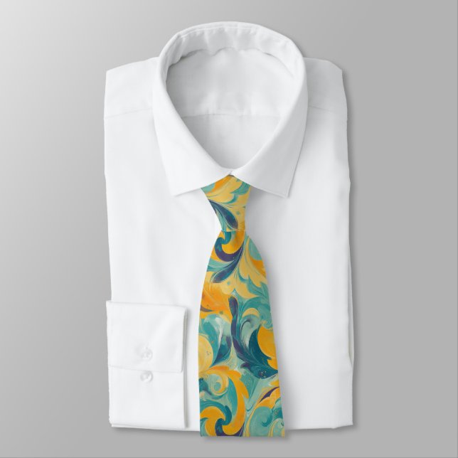 Emerald Green and Gold Paisley-Inspired Abstract Tie (Tied)