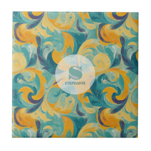 Emerald Green and Gold Paisley-Inspired Abstract Tile