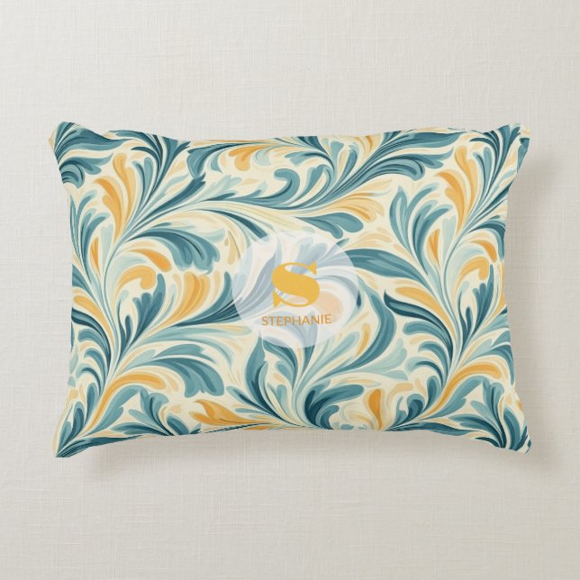 Emerald Green and Gold Paisley Leaf Pattern Accent Pillow (Front)