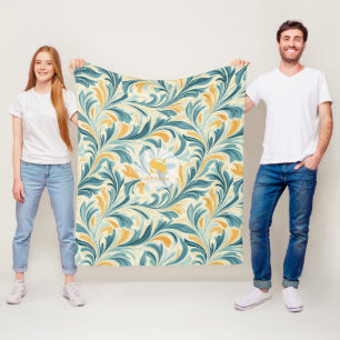 Emerald Green and Gold Paisley Leaf Pattern Fleece Blanket