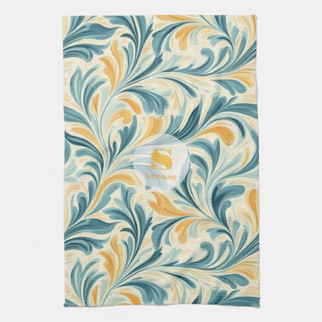 Emerald Green and Gold Paisley Leaf Pattern Kitchen Towel (Vertical)