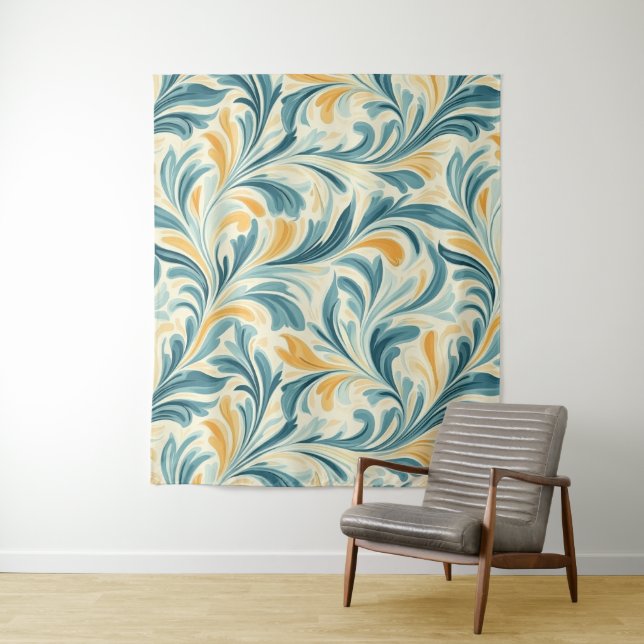 Emerald Green and Gold Paisley Leaf Pattern Tapestry (In Situ)
