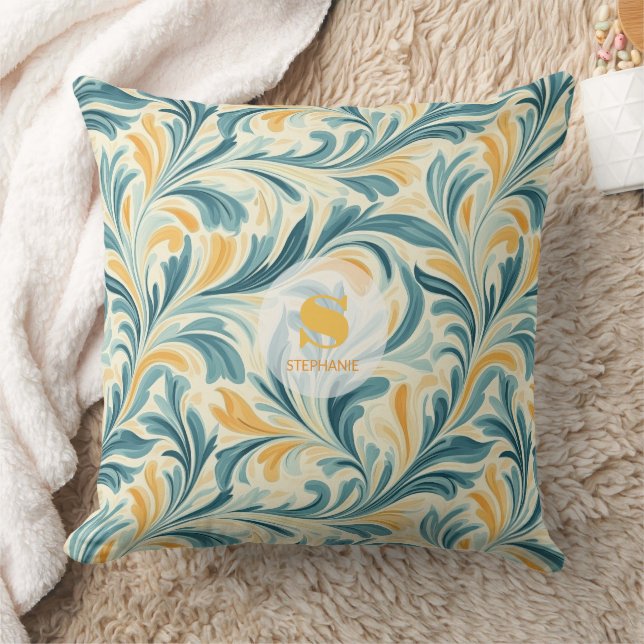 Emerald Green and Gold Paisley Leaf Pattern Throw Pillow (Blanket)