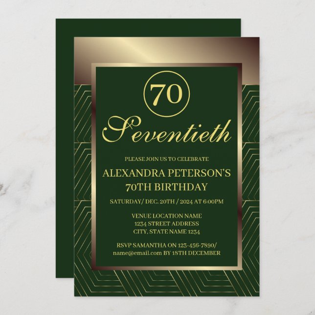 Emerald Green And Gold Patterned Border Birthday Invitation (Front/Back)