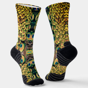 Emerald Green and Gold Peacock Feathers Socks