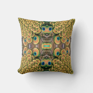 Emerald Green and Gold Peacock Feathers Throw Pillow