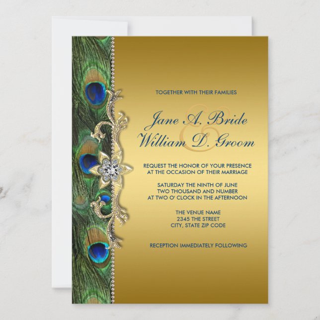 Emerald Green and Gold Peacock Wedding Invitation (Front)