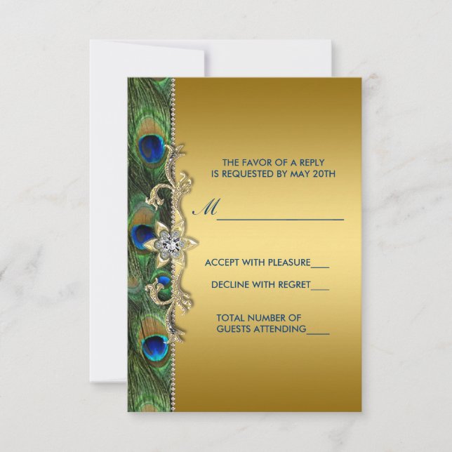 Emerald Green and Gold Peacock Wedding RSVP Card (Front)