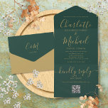 Emerald Green And Gold QR Code Wedding All In One Invitation<br><div class="desc">All in one wedding invitation featuring elegant gold signature script name and monogram initials on an emerald green background. The invitation includes a perforated RSVP card with your wedding website QR code. Designed by Thisisnotme©</div>