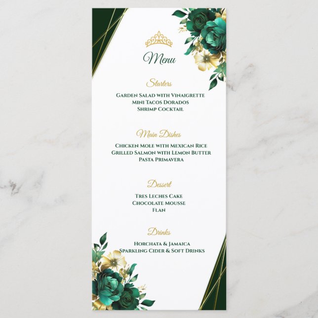Emerald Green and Gold Quinceñera Table menu (Front)