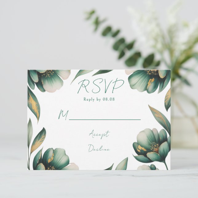 Emerald Green and Gold Rose Wedding RSVP Card (Standing Front)