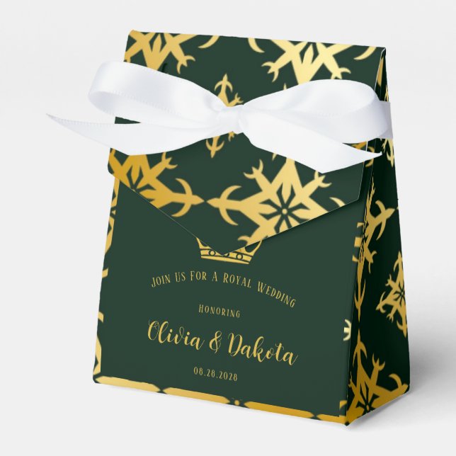 Emerald Green and Gold Royal Crown Wedding Favor Box (Front Side)