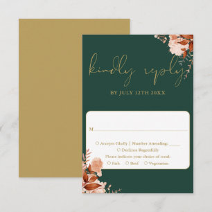 Emerald Green And Gold Rustic Floral Wedding RSVP Card