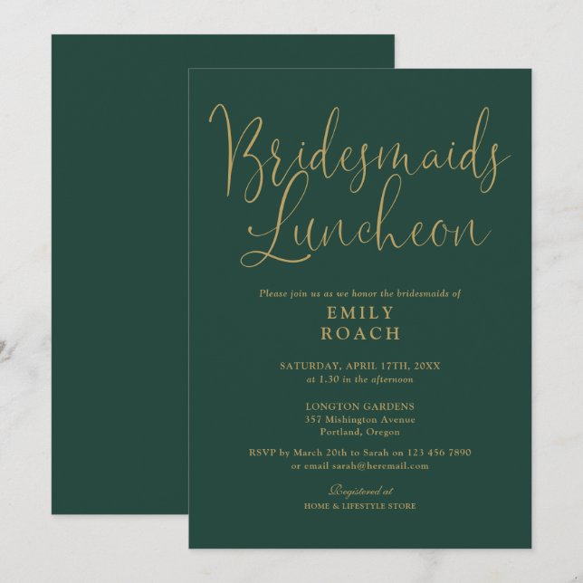 Emerald Green And Gold Script Bridesmaids Luncheon Invitation (Front/Back)