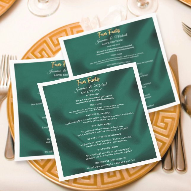 Emerald Green and Gold Script Wedding Fun Facts   Napkin (Creator Uploaded)
