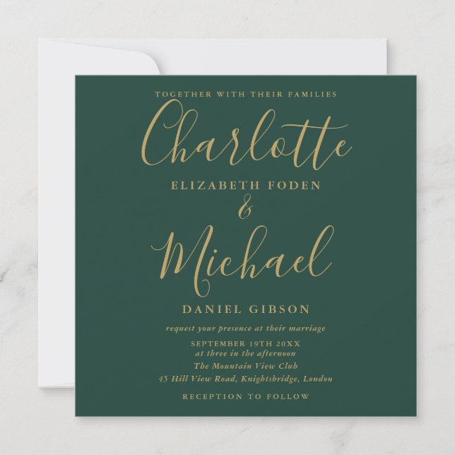 Emerald Green And Gold Script Wedding Photo Invitation (Front)