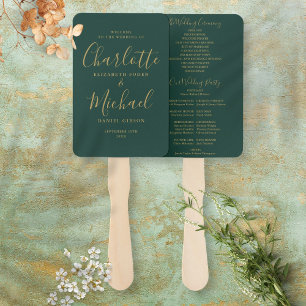 Emerald Green And Gold Script Wedding Program Hand Fan
