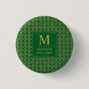 Emerald Green and Gold Seamless Damask Pattern 1 Inch Round Button