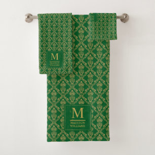 Emerald Green and Gold Seamless Damask Pattern Bath Towel Set