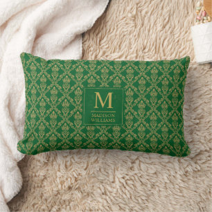 Emerald Green and Gold Seamless Damask Pattern Lumbar Pillow