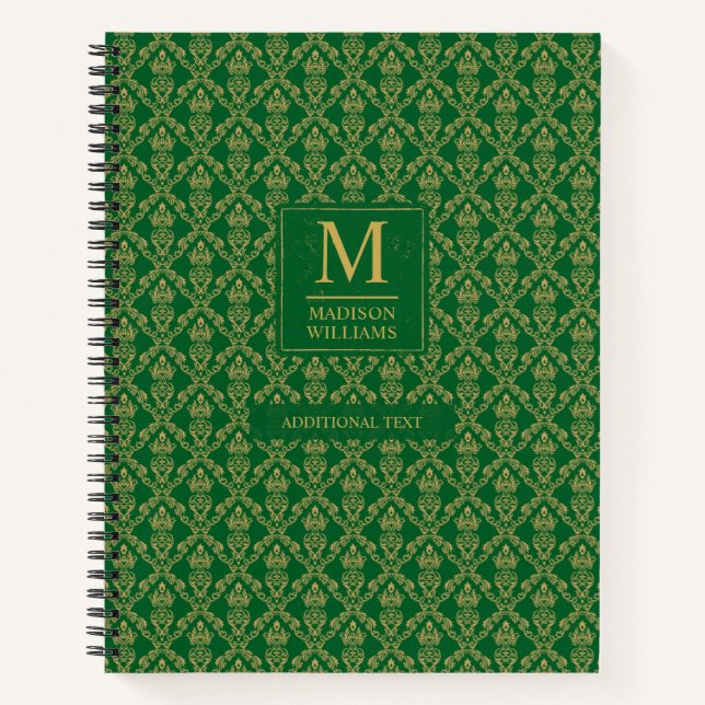 Emerald Green and Gold Seamless Damask Pattern Notebook (Front)