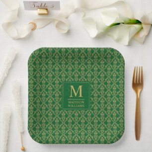 Emerald Green and Gold Seamless Damask Pattern Paper Plate