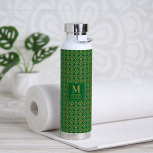 Emerald Green and Gold Seamless Damask Pattern Water Bottle