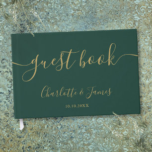 Emerald Green And Gold Signature Script Wedding Guest Book