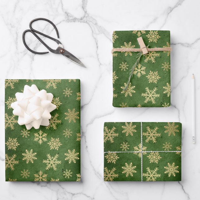 Emerald Green and Gold Snowflakes Christmas  Wrapping Paper Sheet (Front)