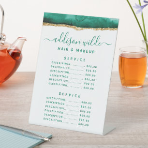 Emerald Green And Gold Watercolor Service Price Pedestal Sign