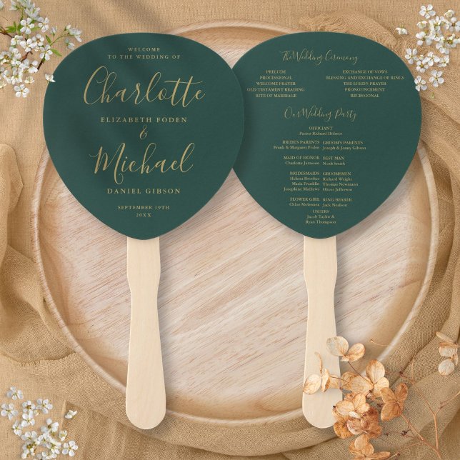 Emerald Green And Gold Wedding Program Hand Fan (Emerald Green And Gold Wedding Program Hand Fan)